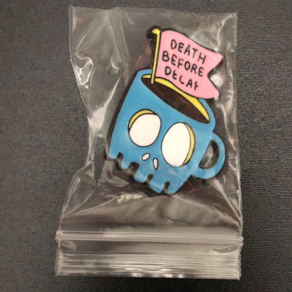Funny Skull Coffee Mug Cup “Death Before Decaf” Metal Enamel Pin Brooch - Picture 2 of 8